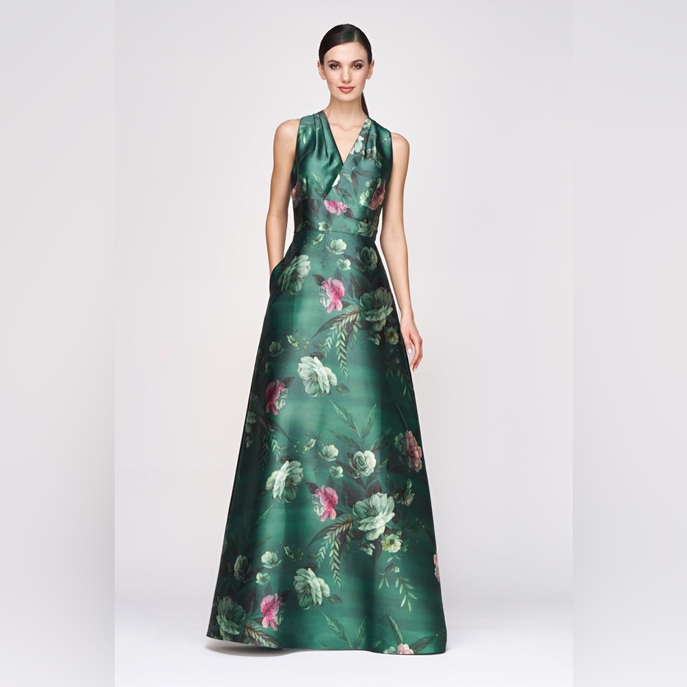 Kay Unger Green Floral Maxi Dress